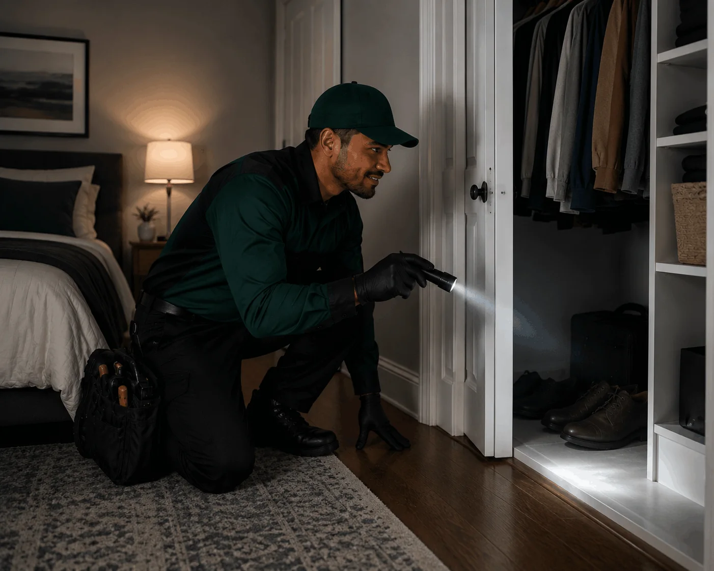 A close-up shot of a professional pest control technician's hands holding a digital tablet with a clean, modern inspection checklist app open. The background is slightly blurred showing a bright, clean kitchen interior. The lighting is soft interior daylight. The mood conveys transparency, modern technology, and professionalism in residential service. Modern editorial photography style.